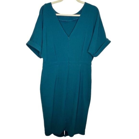 ASOS Teal Green Wiggle Midi Dress Size 12 Short Sleeves Front Slit - Picture 2 of 8